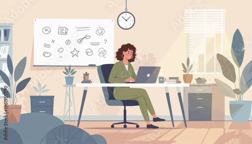 Professional woman working diligently on her laptop at a modern desk in a comfortable, bright home office environment, embodying remote work efficiency