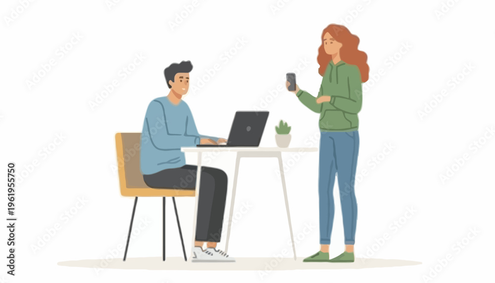 Fototapeta premium Young man and woman interacting in a modern office setting, focused on technology and collaboration