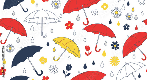 Colorful illustration of umbrellas and flowers on a rainy day