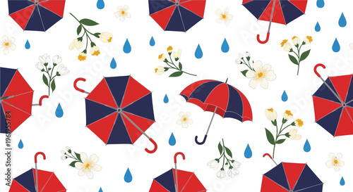 A colorful illustration of umbrellas and flowers on a rainy day