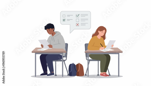Students diligently taking an academic exam, showcasing focused concentration and commitment to their studies, with a visual representation of successful progress and evaluation