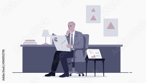 Focused businessman meticulously analyzing financial charts and business reports, making data-driven decisions in a clean, modern office environment