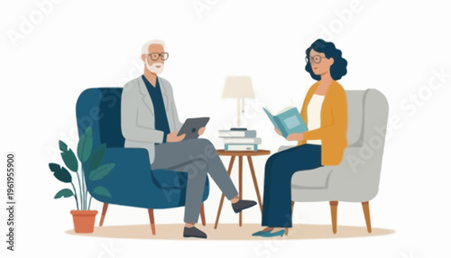 Diverse generation individuals, an older man with a tablet and a woman with a book, peacefully engaged in reading and learning in a relaxed, illustrative living room setting