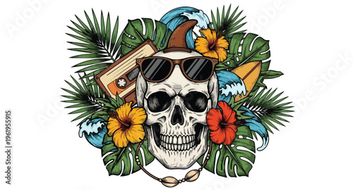 Skull with Sunglasses Surrounded by Tropical Elements and Surf Theme