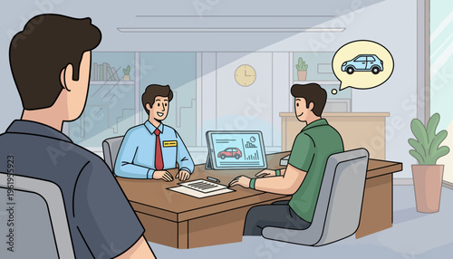 Prospective buyer engaging with a car salesman at a dealership, reviewing vehicle details on a tablet and envisioning their new automobile purchase