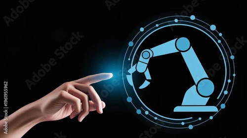 Hand interacting with holographic robotic arm interface icon glowing 