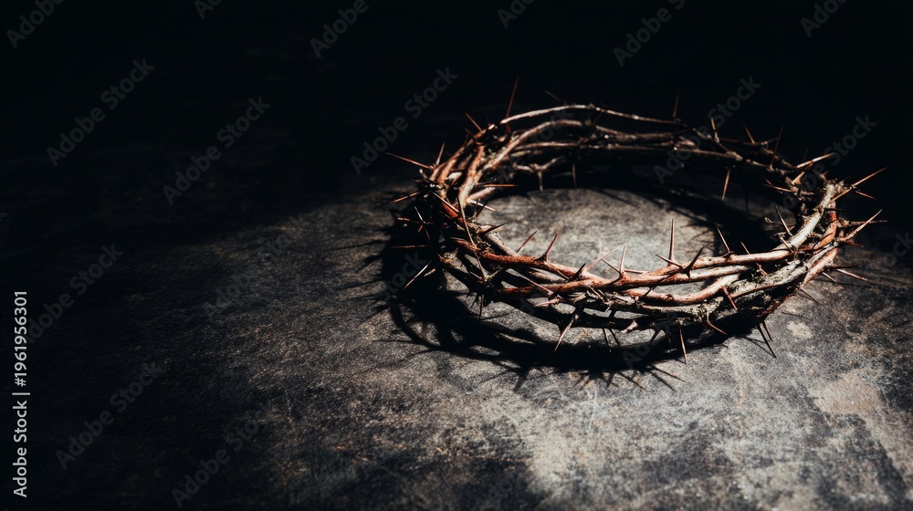 Fototapeta premium sacrifice. A symbolic crown of thorns resting on a dark surface, representing Christian sacrifice and devotion. event programs. 