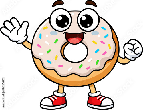 vector cartoon vanilla flavored donut waving hand