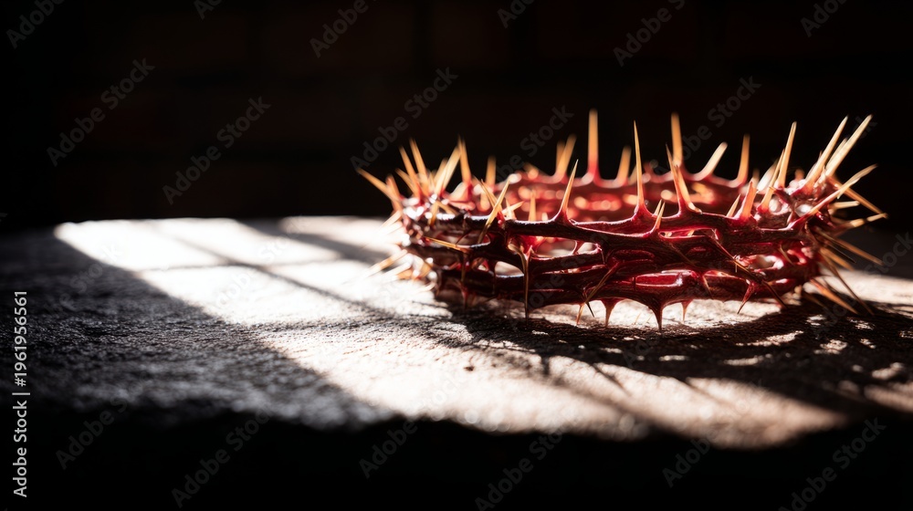 Fototapeta premium sacrifice. A symbolic crown of thorns resting on a dark surface, representing Christian sacrifice and devotion. event programs. 