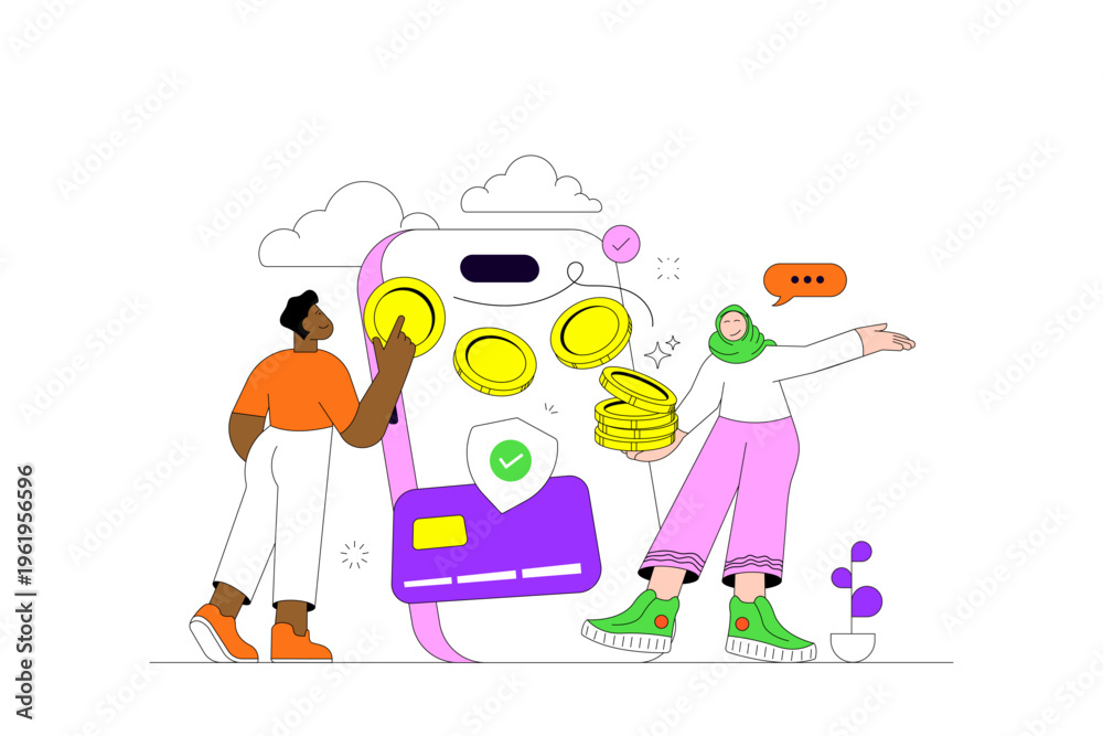 Obraz premium Mobile Payment and Digital Wallet Transaction Illustration with Diverse Creative Team and Online Banking Concept
