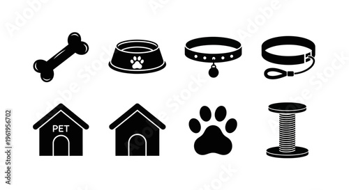 Pet Accessories Icons Set: Bone, Bowl, Collars, Leash, Dog House, Paw Print, Scratching Post