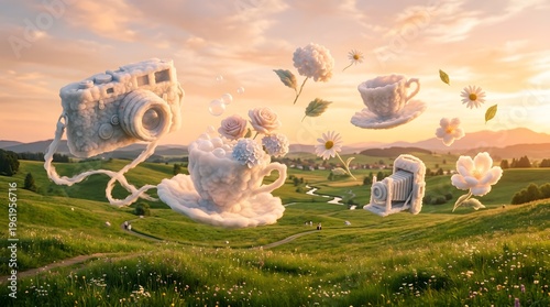 A surreal landscape with whimsical floral tea set and camera in a lush green meadow