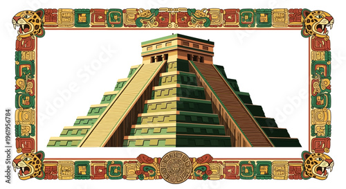 A vibrant, abstract, and colorful digital art illustration of the ancient Mayan pyramid, Chichen Itza, set against a modern, graphic background