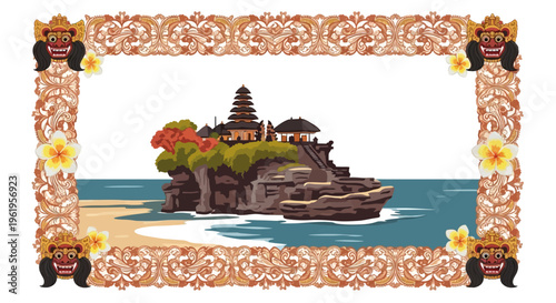 Colorful Abstract Modern Vector Illustration Background of a Temple on a Rock, Digital Art