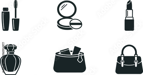Mascara compact mirror lipstick perfume bottle makeup bag and handbag in black silhouette on white