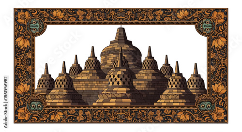Ancient Indonesian Temple Digital Art Vector Illustration Abstract Colorful Modern Background