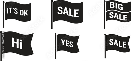 A set of black flags with white text on a plain white background