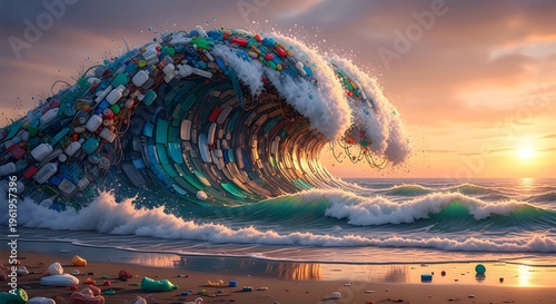 A large wave of trash on the beach at sunset
