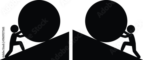 Human silhouette pushing boulder, effort struggle illustration, symmetrical balance design, teamwork concept, perseverance symbol, uphill challenge, determination art,