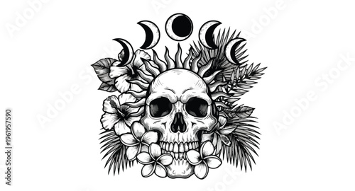 Intricate skull design with floral and celestial elements
