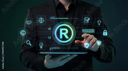 Registered trademark concept with brand protection and legal business technology