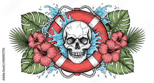 Skull with lifebuoy and tropical flowers in tattoo style
