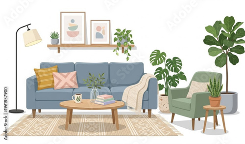 Modern Flat Furniture Set with Sofa, Armchair and Home Decor Elements Vector Illustration
