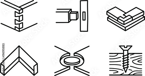 Set of illustrations showing various woodworking joints and fasteners for construction and DIY projects.