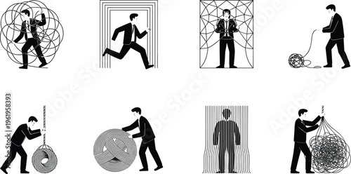 Human struggle silhouettes, tangled string effort, entanglement concept illustration, perseverance challenge scene, liberation symbolism, complexity obstacle, resilience motivation,
