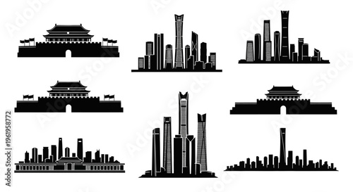 Modern City Skyline and Traditional Chinese Architecture Silhouettes