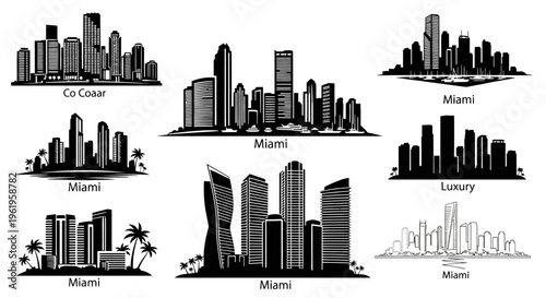 Miami Skyline Silhouettes: Diverse Cityscape Vector Illustrations