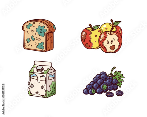 A collection of four illustrations depicting spoiled food items including moldy bread, rotten apples, spoiled milk, and bruised grapes.