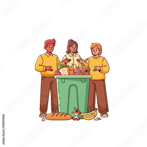 Three people standing around a large green trash bin overflowing with food waste and bread.