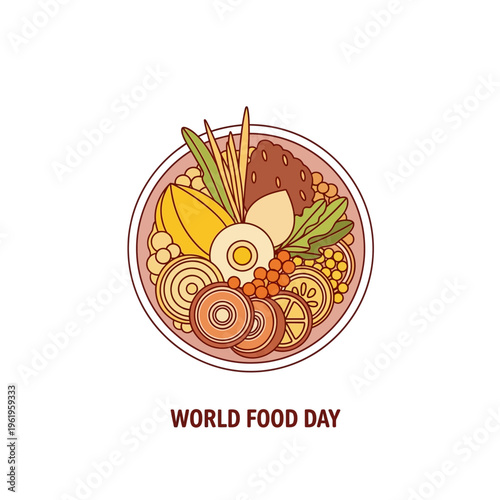 Stylized line art illustration of a healthy food bowl with various ingredients like vegetables, grains, and legumes, celebrating World Food Day.