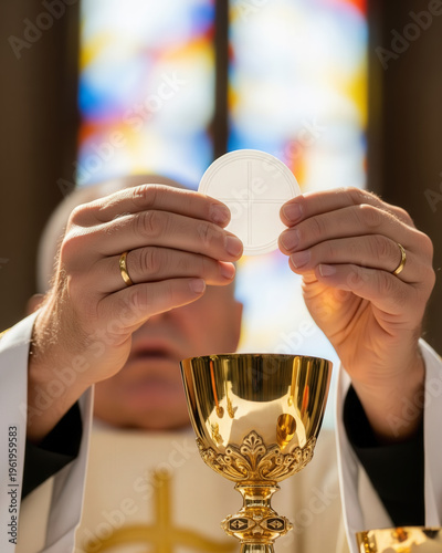 Catholic priest raises consecrated wafer during Eucharistic celebration.