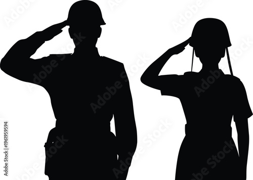 Military salute silhouettes, soldier respect illustration, discipline honor concept, uniformed figures scene, armed forces symbolism, patriotic respect, service dedication representation