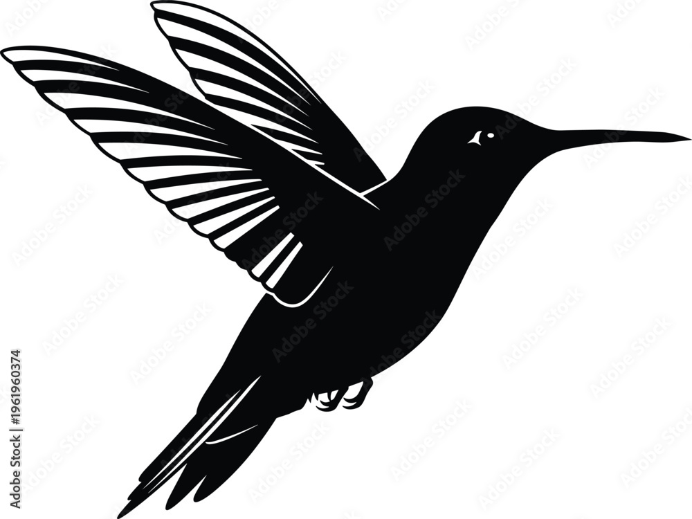 Obraz premium Elegant hummingbird silhouette in flight with detailed wings and long beak, nature wildlife symbol, bird design artwork, graceful motion, flat vector illustration
