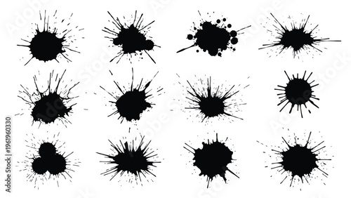 Black ink splatters and paint splashes set with artistic liquid drops for creative design projects.