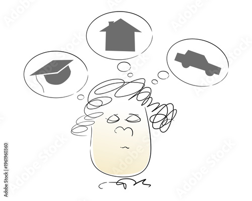 Minimalist doodle of a person dreaming about future goals like education, home, and car