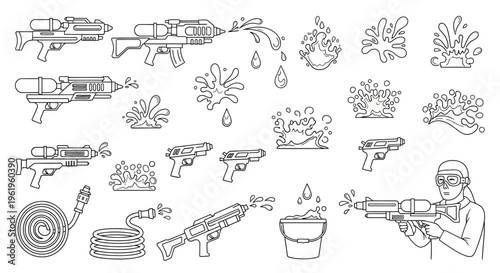 Outline set of water guns and water splashes, summer fun and outdoor play icons.
