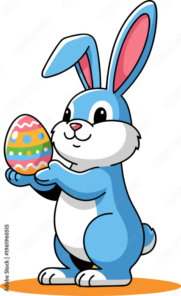Obraz premium A cute blue bunny holds a colorful Easter egg, perfect for spring and Easter-themed visuals. Bright, cheerful, and ideal for commercial use.