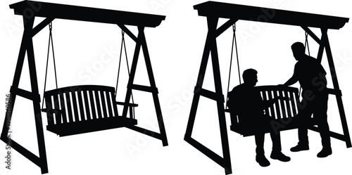 Outdoor porch swing silhouette, wooden garden swing structure, human interaction on swing, leisure activity, family bonding, relaxation, lifestyle concept, minimal design