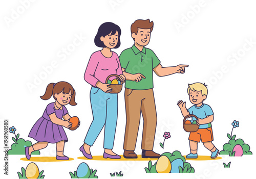 A happy family enjoys a family hunt easter joy, searching for colorful eggs in a vibrant outdoor setting. Bright, cheerful illustration.