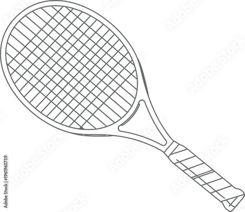 A detailed line art illustration of a classic tennis racket with a tightly strung head and a textured grip, ready for play on the court, representing sports equipment and athletic activity.
