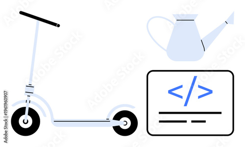Sustainable transport, eco-friendly living, programming concepts, minimalism, coding, lifestyle tech. Electric scooter, watering can programming symbol. Technology and sustainability concept