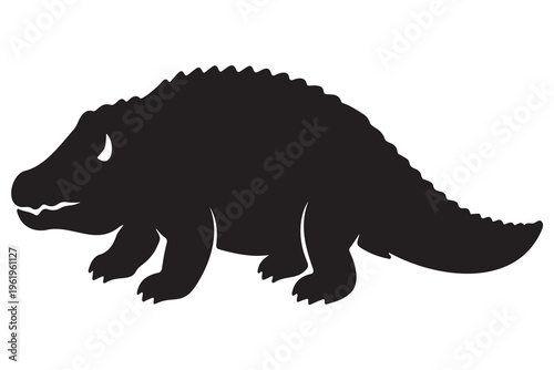 Black silhouette of an alligator side profile, long tail, broad snout, visible teeth, textured back