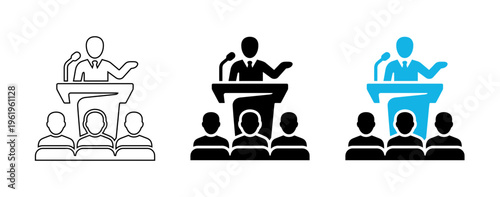 Modern Minimalist Presentation and Public Speaking Vector Icon Set for Business Seminars and Professional Conferences