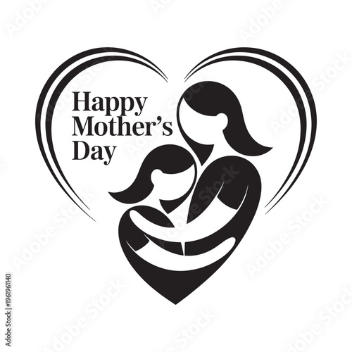 Fotografi Black silhouette of mother and child within a heart shape for mother s day