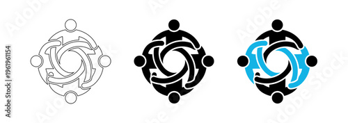 Modern minimalist community unity vector icon set featuring four interlocking human figures for collaboration and teamwork