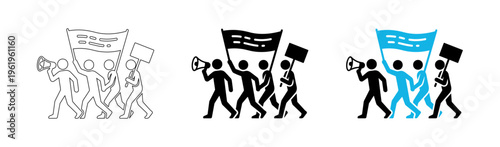 Protest and Strike Vector Icons Set with People Holding Banners Megaphones and Placards for Social Justice and Activism
